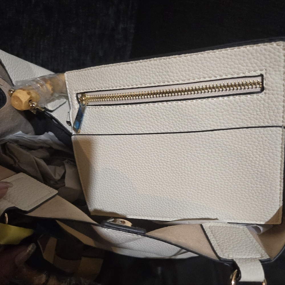 Cream Tote Bag Bamboo Handles plus Wristlet, Twilly, Bag Charm - Picture 10 of 14
